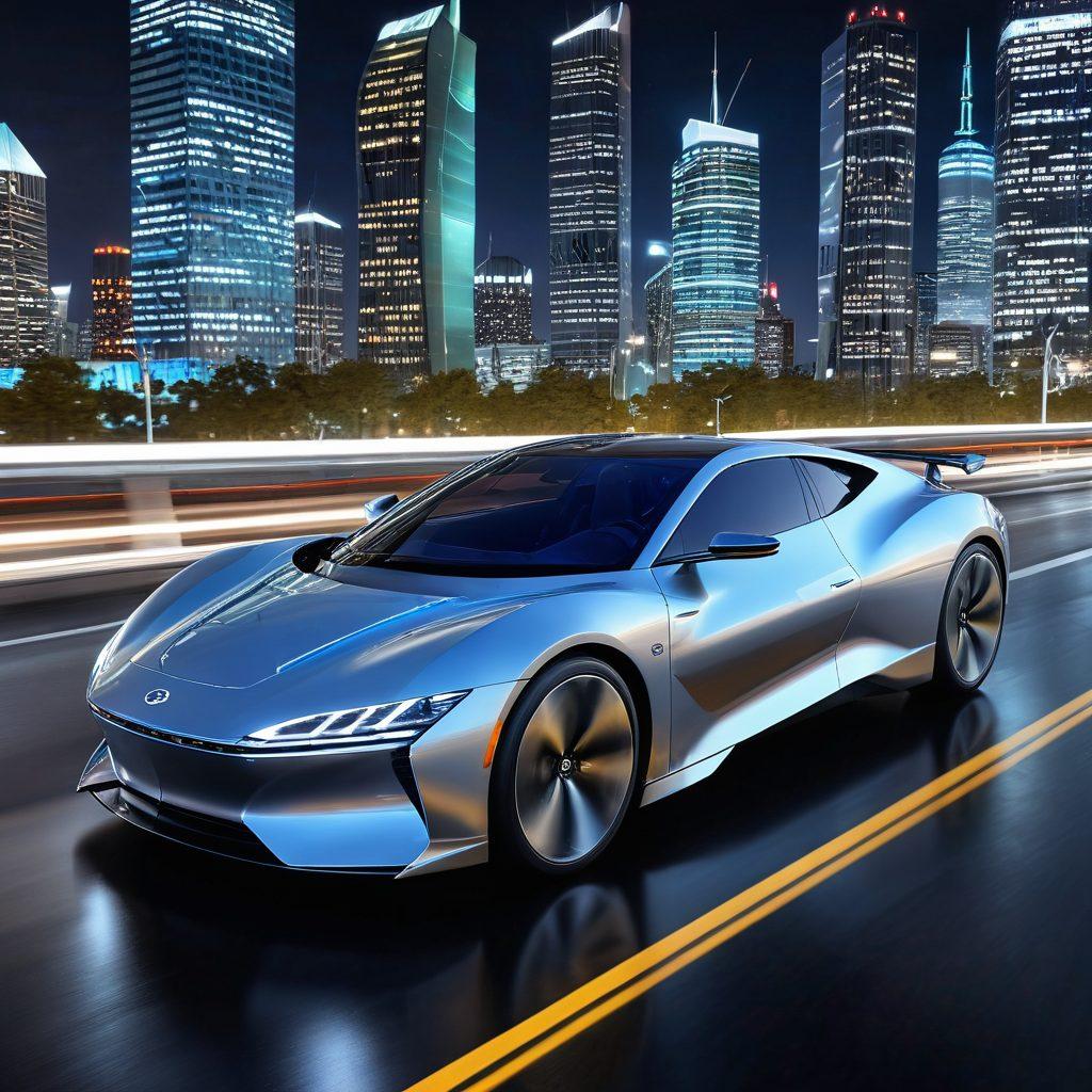 A sleek futuristic car zooming along a city skyline, showcasing advanced technology like holographic displays and autonomous features. Include elements like renewable energy sources and smart city infrastructure in the background. Incorporate a dynamic sense of motion with blurred lights to signify speed. Vibrant colors emphasizing innovation and progress. super-realistic. dynamic perspective.