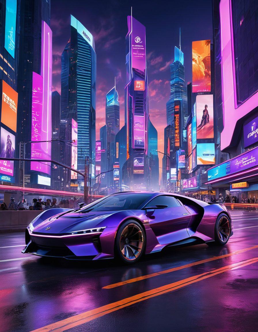 A dynamic scene showcasing a futuristic car speeding on a winding road, surrounded by high-tech cityscapes with bright neon lights. Include gadgets and digital displays highlighting the latest automotive technology and innovations. The atmosphere should convey excitement and innovation, with a sunset backdrop casting vibrant colors across the sky. super-realistic. vibrant colors. cyberpunk.