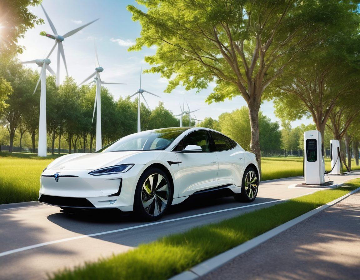 A sleek electric car charging at a futuristic charging station, surrounded by vibrant green landscapes with wind turbines and solar panels in the background. The scene conveys the harmony between technology and nature, showcasing innovative automotive designs in motion. Soft sunlight filtering through the trees adds an eco-friendly feel. super-realistic. vibrant colors. white background.